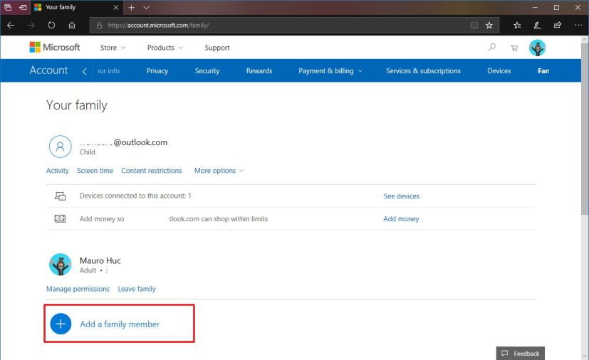 Microsoft account add family member