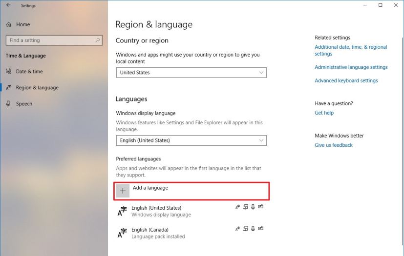 Region and languages settings on Windows 10