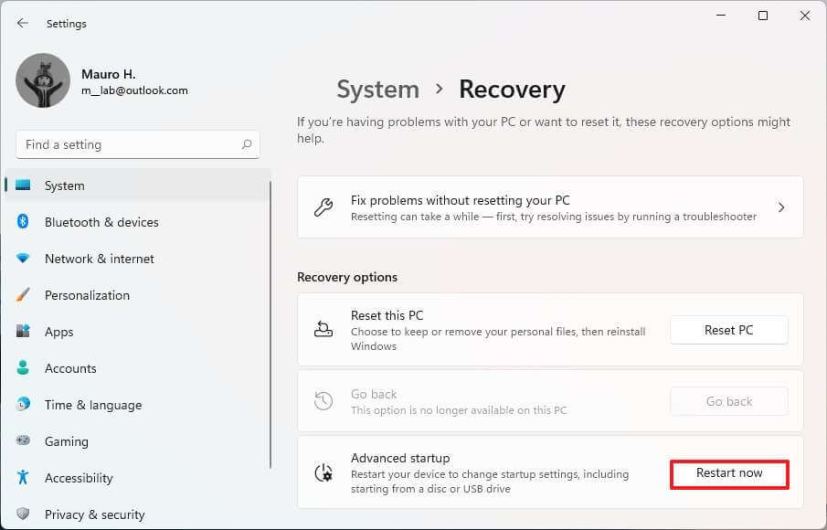 Settings Advanced startup