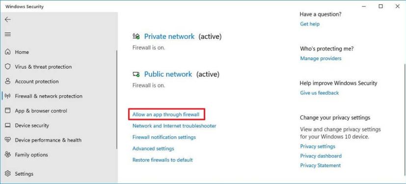 Windows Defender Security Center firewall settings