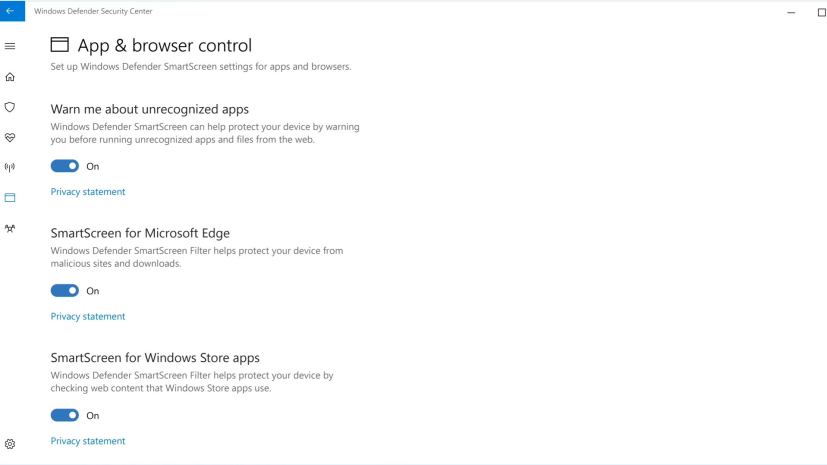 Windows Defender Security Center App & browser control settings