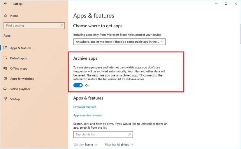 Archive apps on Windows 10 build 20201