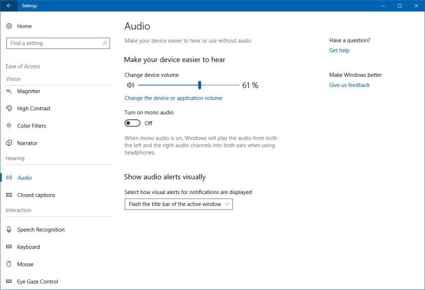 Audio settings on Ease of Access