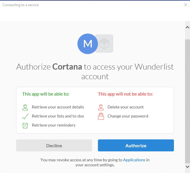 Authorizing Cortana to access Wunderlist