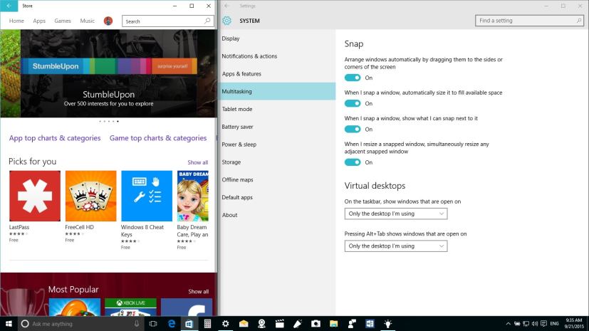 Auto resize both windows using Snap settings in Windows 10