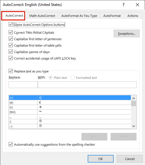 AutoCorrect Word options