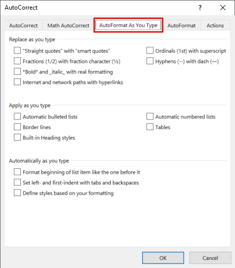 AutoFormat As You Type Word options