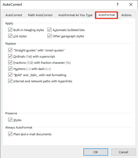 AutoFormat Word options