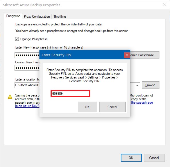 Azure backup console security PIN