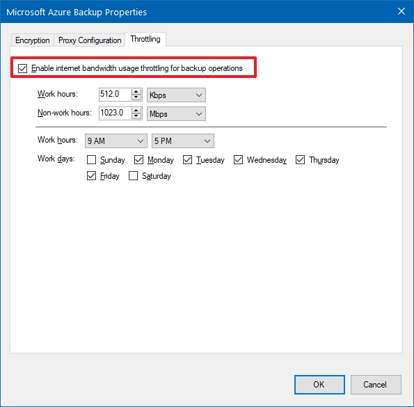 Microsoft Azure backup, throttling settings