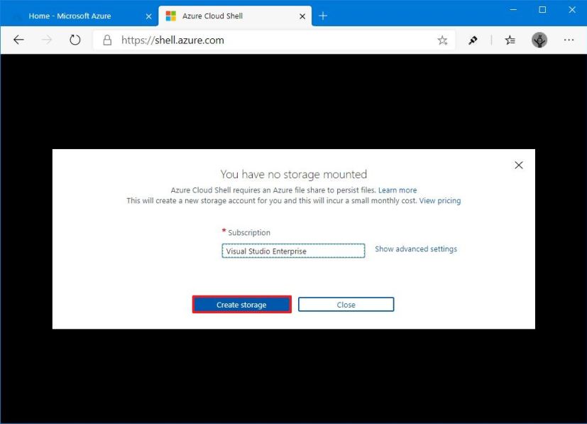 Azure create storage option