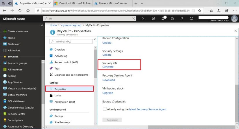 Azure backup generate security PIN