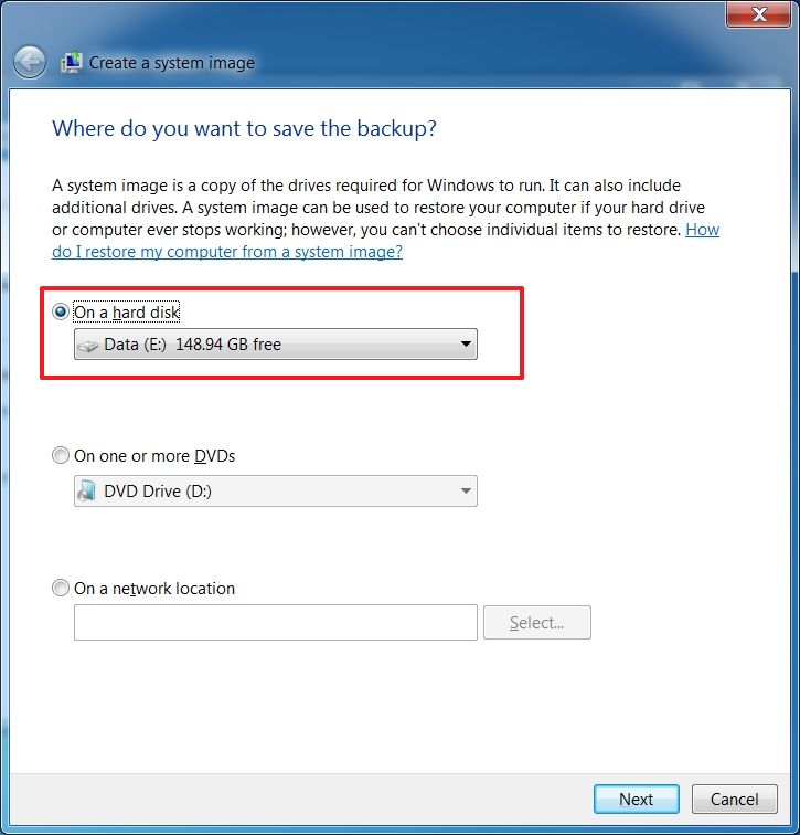 Backup destination on Windows 7