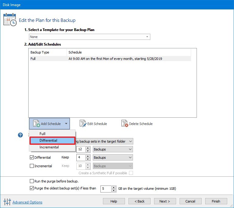 Differential backup schedule with Macrium Reflect