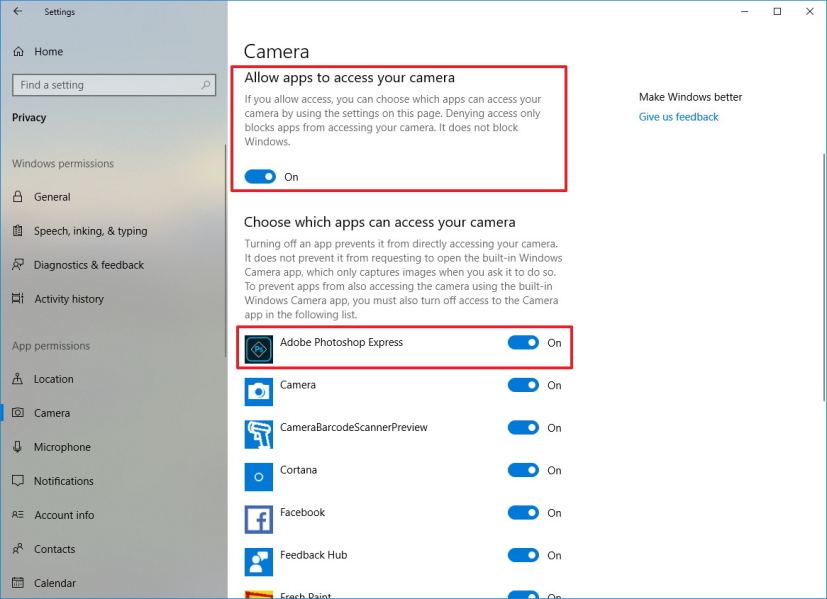 Camera access settings on Windows 10