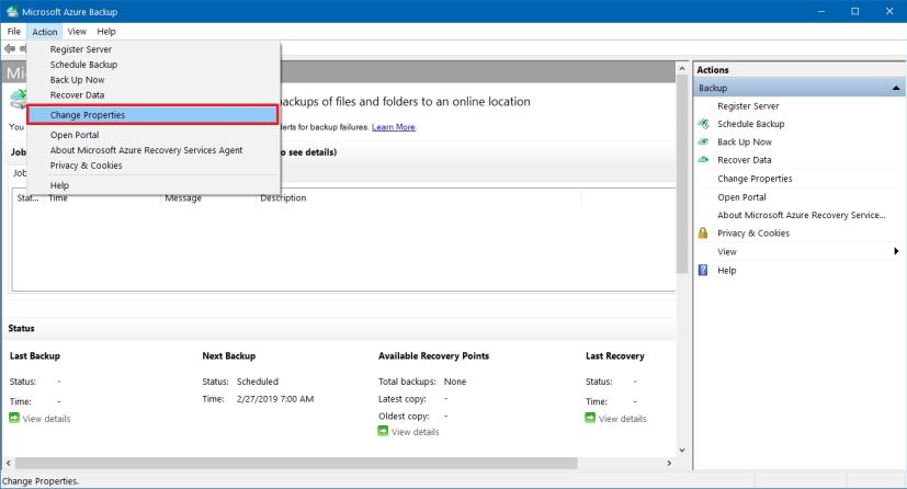 Microsoft Azure backup console, Action menu