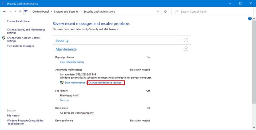 Change maintenance settings on Windows 10