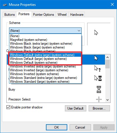 Change mouse pointer size using Control Panel