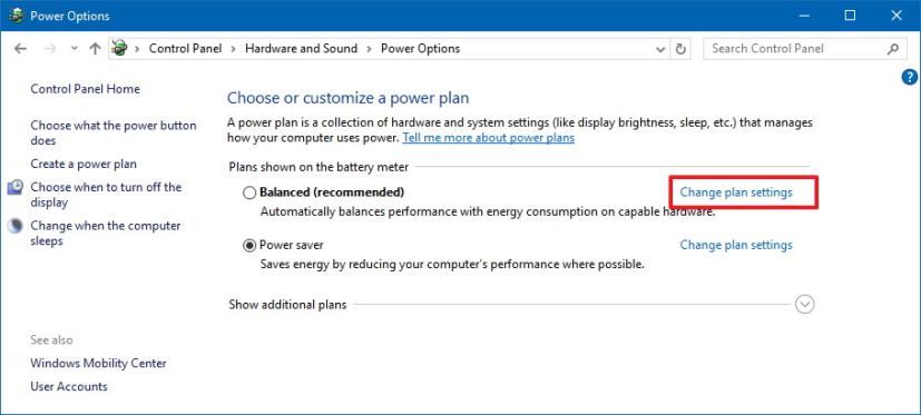 Change plan settings on Windows 10