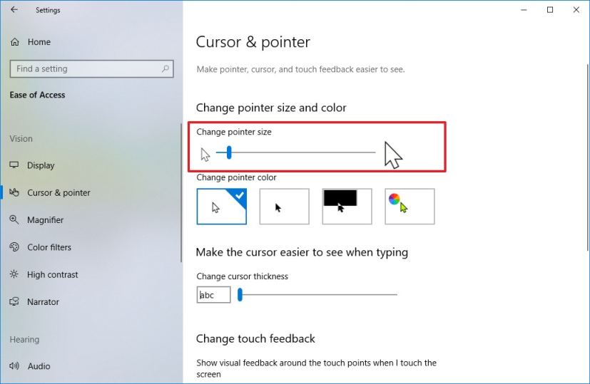 Change mouse pointer size using Settings app