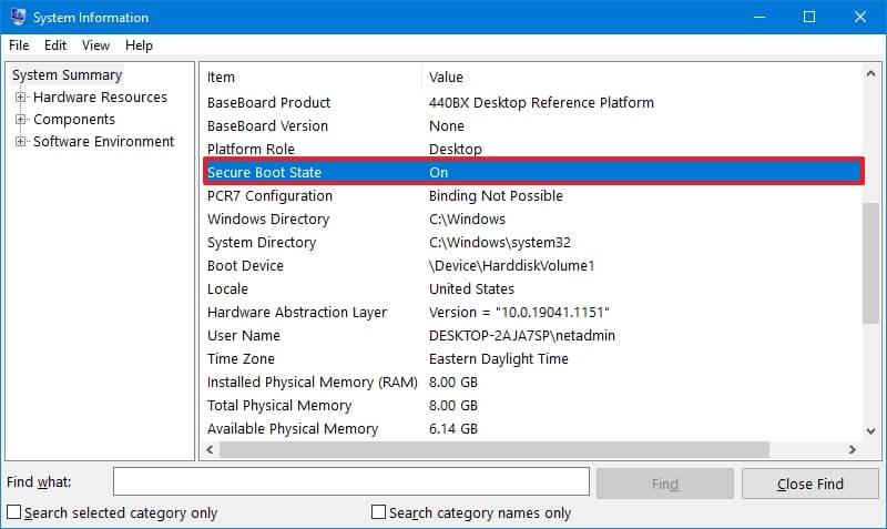 System Information Secure Boot info