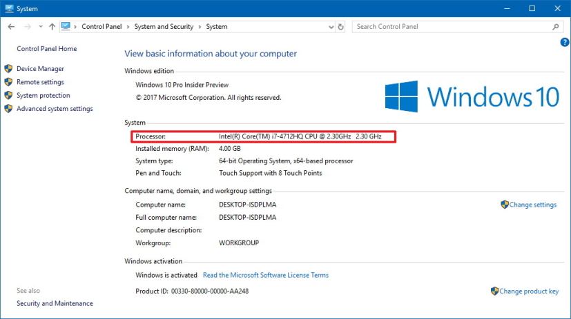 Control Panel processor information