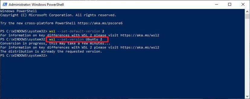 Convert distro WSL 1 to WSL 2 on Windows 10 20H1 