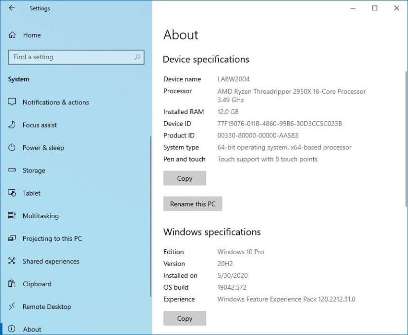 Windows 10 Settings copy specs option