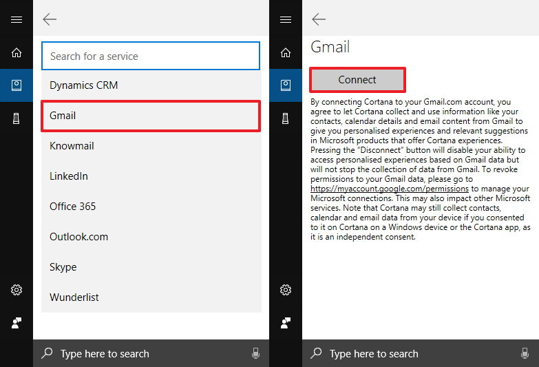 Connect Gmail to Cortana