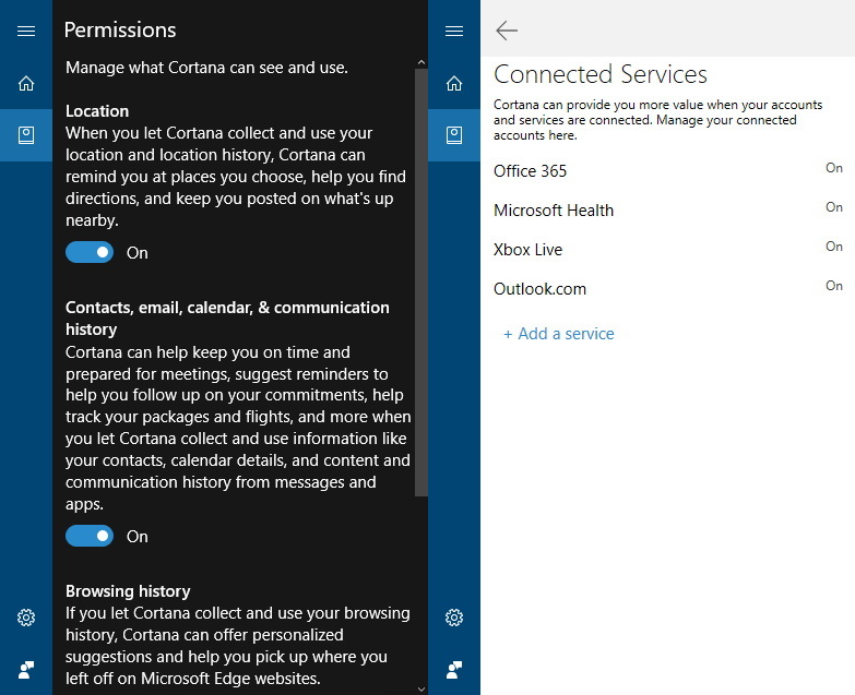 Cortana's Notebook settings