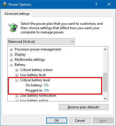 Critical battery level notification settings