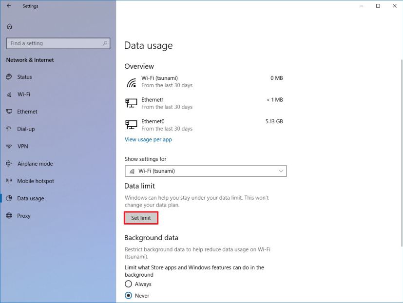 Data usage settings on Windows 10