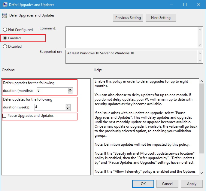 Defer Upgrades and Updates Group Policy in Windows 10