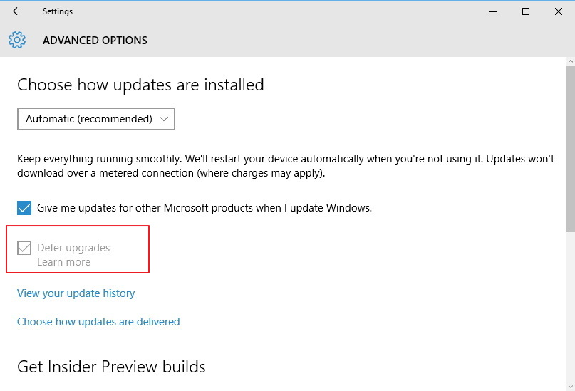 Current Branch for Business - Defer upgrades option for Windows 10