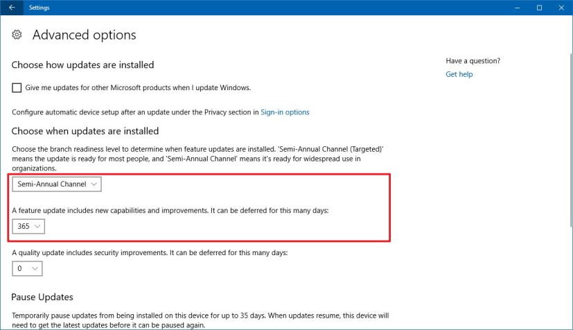 Windows Update advanced options to defer version 1803