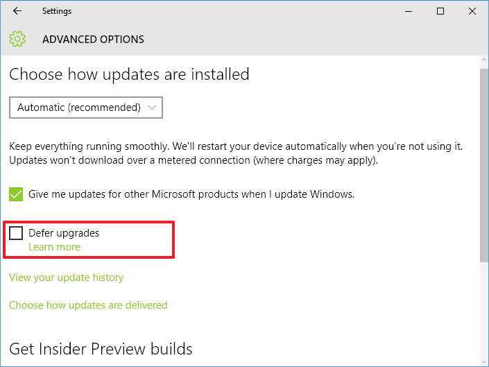 Defer Windows 10 Upgrades options on the Settings app