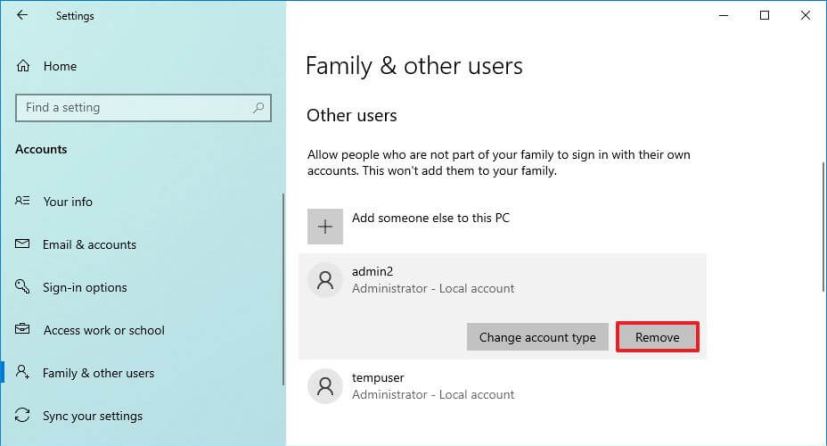 Windows 10 remove account option