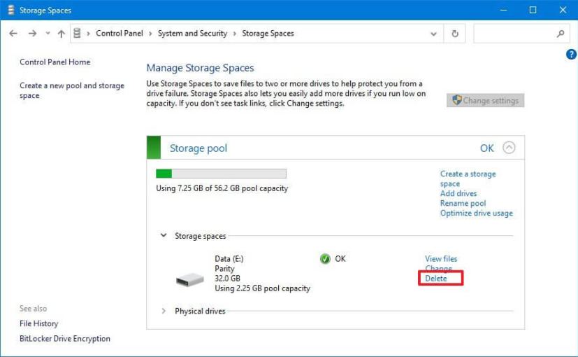 Control Panel delete storage space