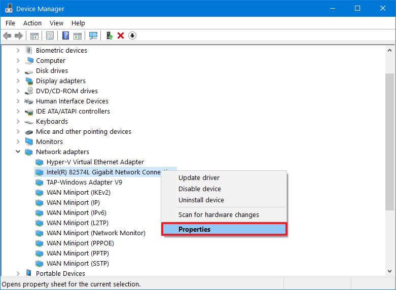 Device Manager properties option