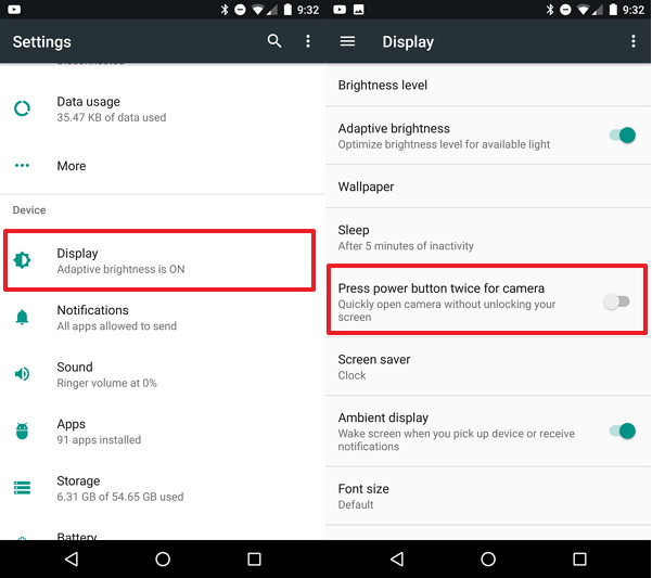 Disable power button to launch camera on Android