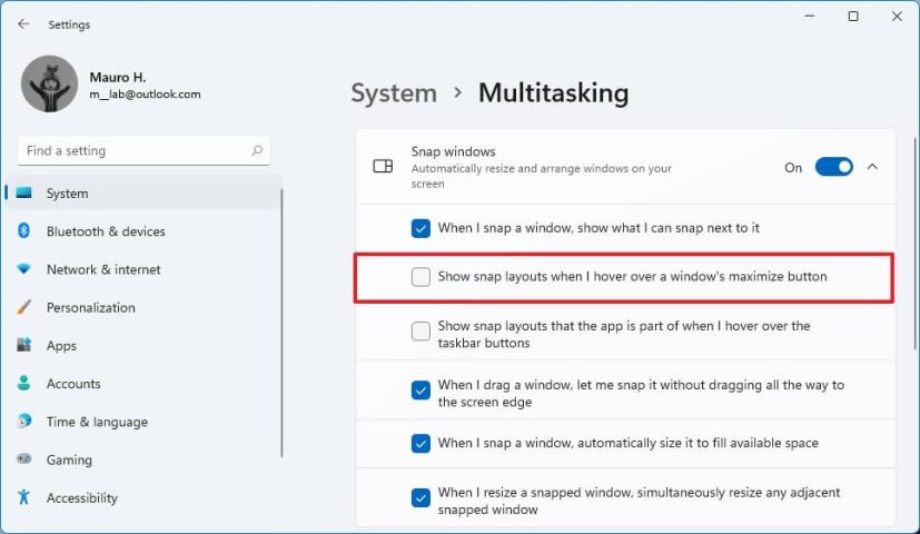 Disable Snap layouts in Windows 11