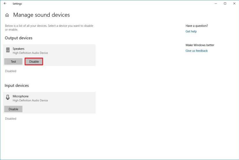 Disable speakers option on Windows 10