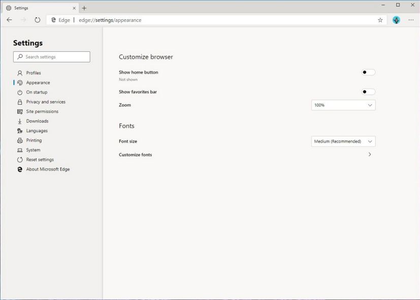 Microsoft Edge, Chromium, Appearance page 