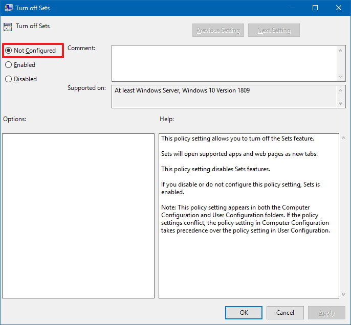 Policy to enable Sets on Windows 10