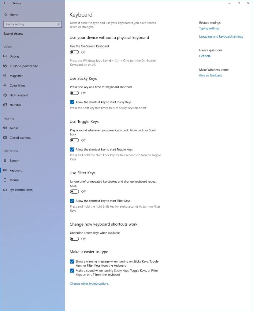 Ease of Access Keyboard settings on Windows 10 version 1803