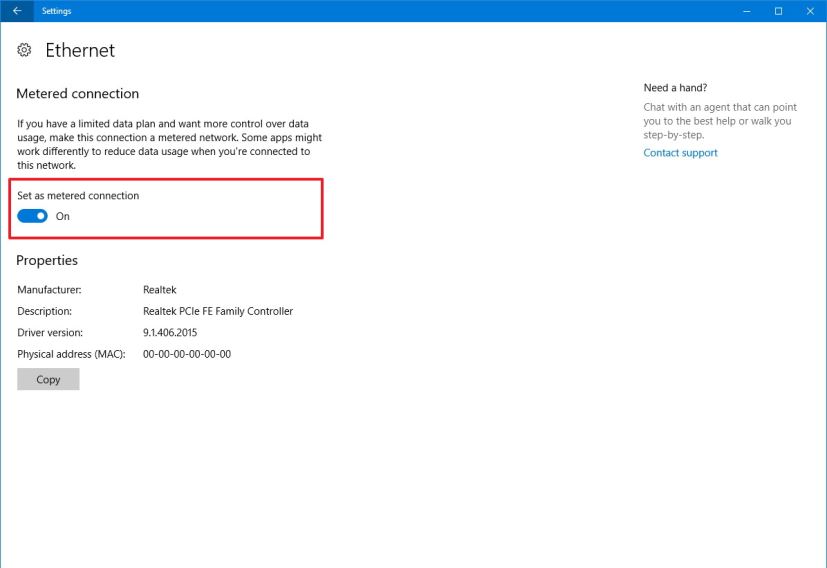 Set Ethernet connection as metered