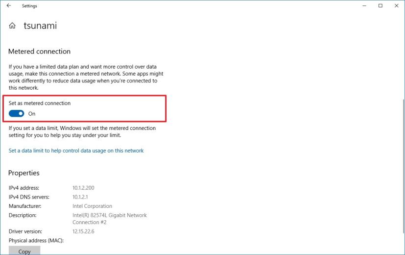 Set Ethernet connection as metered on Windows 10