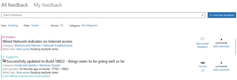 Feedback app for Windows 10 20H1 (image source Microsoft)