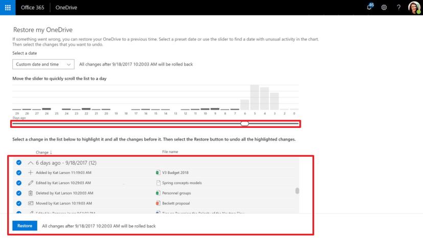 Files Restore settings in OneDrive