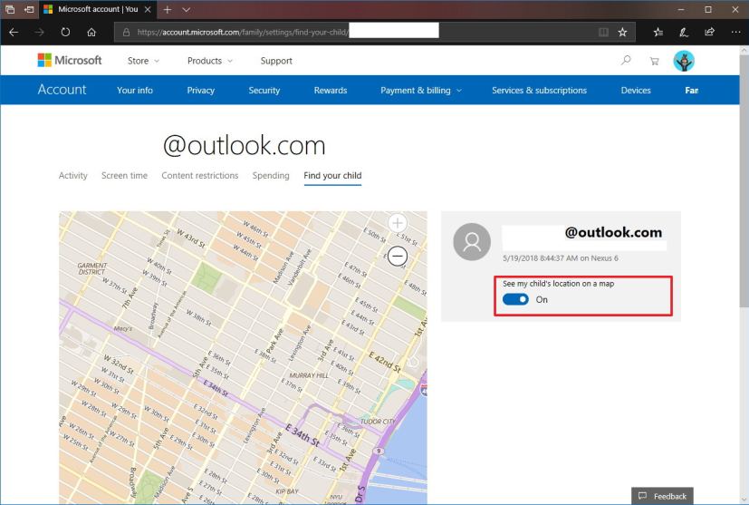 Microsoft account find child location using Microsoft Launcher app